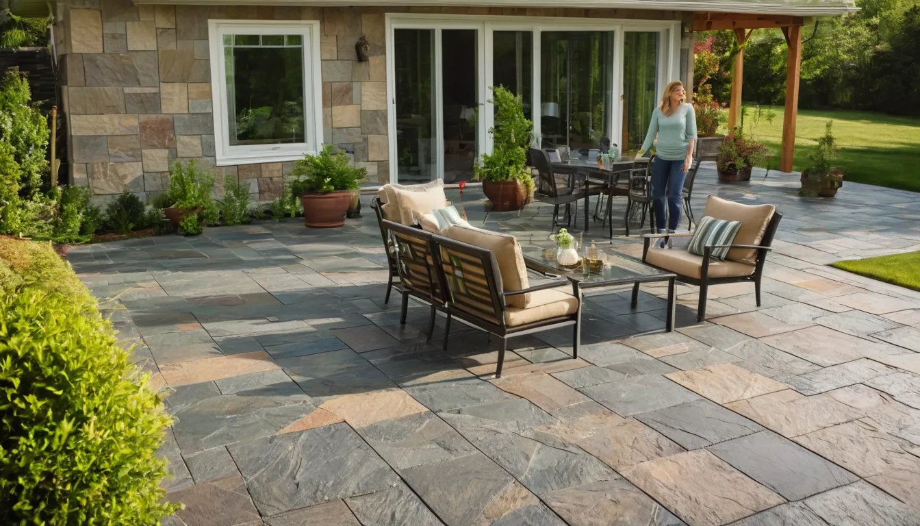A stamped concrete patio behind a house in the Cleveland area